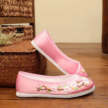 平跟平底绣花鞋千层底中老年女花布鞋防滑单鞋白布底b08梅花粉色35