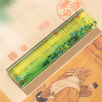 梅林笔庄水晶镇尺千里江山图国画中国风文创玻璃透明琉璃镇纸压画压书压纸书房摆件书法工具用品配件20cm