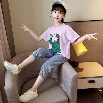 3-12岁小女孩穿的夏季套装童装女童夏季新款中大童短袖牛仔裤两件套