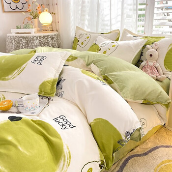 磨毛四件套 透气亲肤印花卡通简约田园套件被套床上用品 青苹果 1