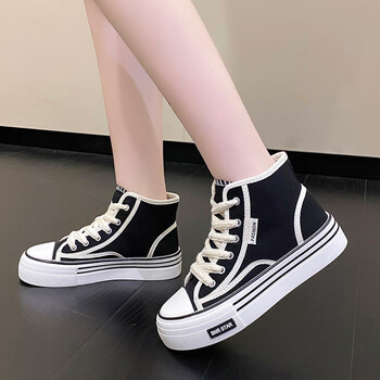 拉夏贝尔小香风帆布鞋女高帮2022春秋新款麦穗小白鞋平底老爹运动休闲