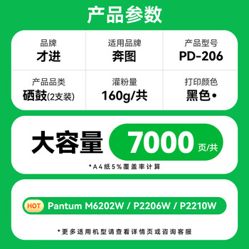 才进适用奔图m6506硒鼓pantum P2506W/NW粉盒pd-206 m6506nw激光打印机易加粉墨盒M6556N/NW M6606N/NW碳粉盒