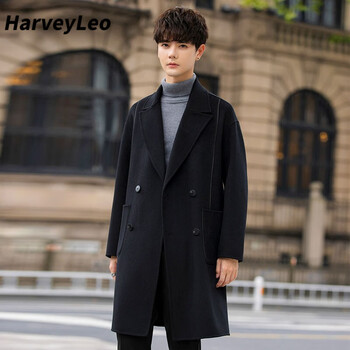 harveyleo2023双面毛呢大衣男中长款过膝英伦韩版风衣秋冬季加厚黑色s