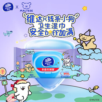 维达（Vinda）杀菌湿巾 80片*5包 线条小狗IP款 杀菌率99.9% 湿巾大包 湿纸巾