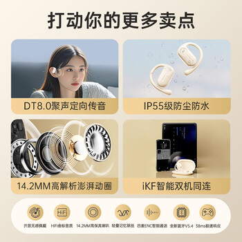iKF Ego开放式蓝牙耳机无线气传导挂耳式耳机聚声定向传音不入耳高音质运动跑步健身APP智联 云岩白
