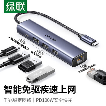 绿联Type-C扩展坞千兆拓展坞网口转换器网线转接头雷电4分线器USB通用Mac苹果华为联想笔记本电脑掌机