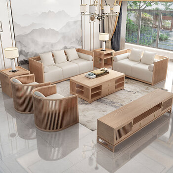 匠艺阁新中式沙发组合禅意民宿酒店茶楼现代简约客厅原木色实木家具