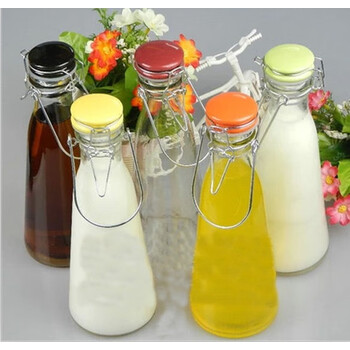 hywlkj高白料密封手提式玻璃牛奶瓶果汁瓶奶茶瓶饮料瓶果汁玻璃瓶罐