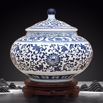 中国古美術・ハス葉ふた罐・花卉紋储物罐・青花瓷器・文房具