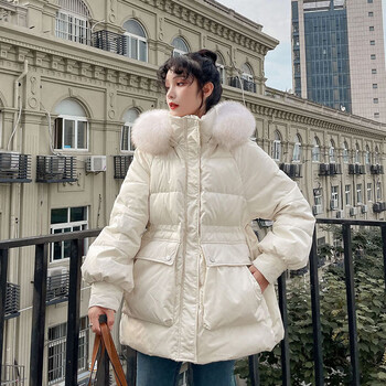 北极绒时尚羽绒服女冬季白鸭绒收腰显瘦狐狸毛领上衣外套女7215白m