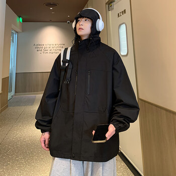 nqsq机能冲锋衣外套男夏季vbe高街夹克潮牌痞帅炸街大码早秋外衣黑色m