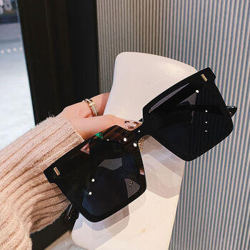 皙韩版ins方形大框显脸小眼镜女大脸街拍墨镜潮平面网红太阳镜亮黑色