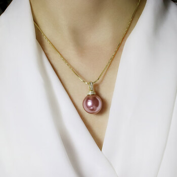 珠宝海水紫色珍珠单颗吊坠正圆玫瑰金锁骨项链年轻时尚款女 925镀厚金
