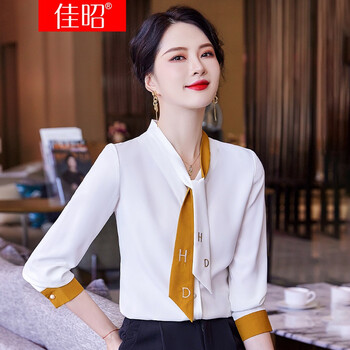 佳昭白色飘带衬衫女春季2022新款修身显瘦时尚气质设计感小众v领长袖