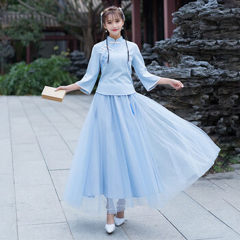 款古筝演出服星空十二破裙初中学生礼服改蓝色上衣天蓝色下裙套xxl