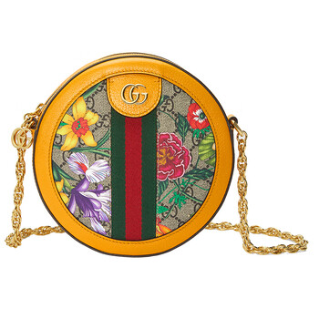 gucci古驰包包20春夏女士黄色饰花卉皮质ophidia系列gg花卉圆形迷你肩