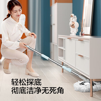 尚奇旋转拖把钢盘38cm杆长130cm2头加厚拖布大滚轮A65蓝双驱动免手洗