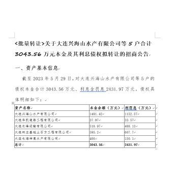 【批量转让】关于大连兴海山水产有限公司等5户债权拟转让的招商公告