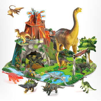 恐龙动物模型带场景拼图套装霸王龙男女孩认知玩具10只恐龙拼图40pcs