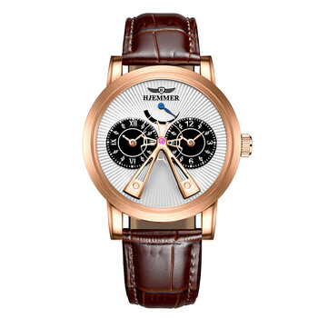 格尼 格尼德国牌飞行员手表男士全自动机械表两地时间 玫壳白面咖皮