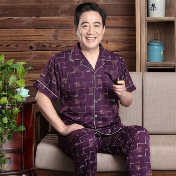 红豆中老年睡衣男夏季薄款短袖中年爸爸男士夏天加大码家居服套装棕色