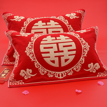 婚庆枕巾结婚枕巾婚庆一对装三层纱布喜字新婚大红色礼品礼盒枕头巾