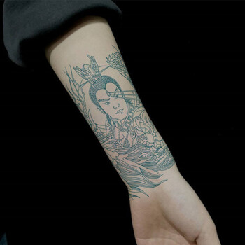 秋江月踏龙二郎神花臂防水纹身贴男女仿真刺青色线条割线图杨戬天眼一张 图片价格品牌报价 京东