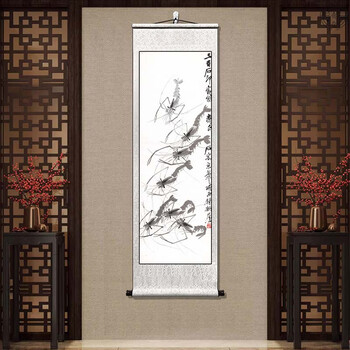 齐白石 群虾图 中国画 掛け軸 水墨画 和室 玄関 茶室 壁掛け 美術品 齐白石名画价格报价行情- 京东