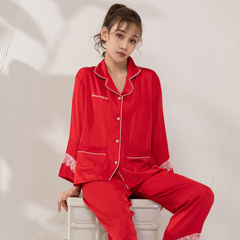 丝绸睡衣女春秋冰丝长袖套装休闲简约薄款长裤仿真丝家居服 大红色 m