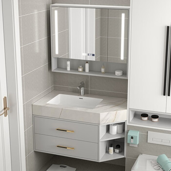 枫茗卫生间转角洗漱台岩板无缝衔接陶瓷盆浴室柜组合斜角洗手池脸盆柜