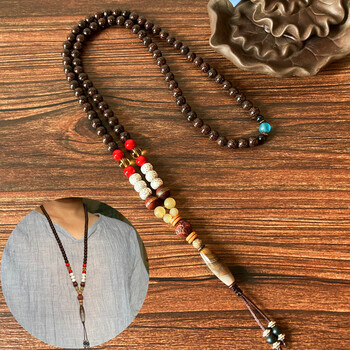 复古民族配饰沉香木星月菩提佛珠项链九眼天珠吊坠毛衣链男女士长铁胆