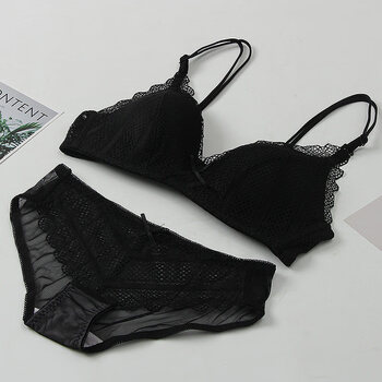浪莎黑白色款蕾丝内衣套装女无钢圈少女文胸小胸法式胸罩性感可爱聚拢