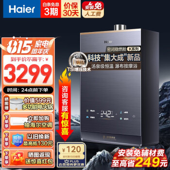 海尔（Haier）燃气热水器16升天然气家用无级变频水伺服恒温增压瀑布洗下置密闭稳燃舱WiFi智能KL7 16升【多点供水】