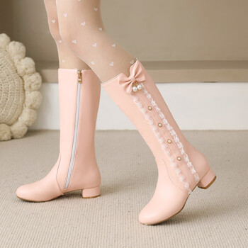 童鞋秋冬上新女童儿童靴子2021秋冬新款中大童高筒靴高跟白色加绒公主