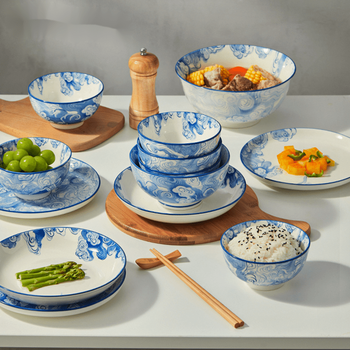 雅漫庭家用中式青花瓷碗碟套装陶瓷乔迁送朋友闺蜜礼物餐具碗盘云纹