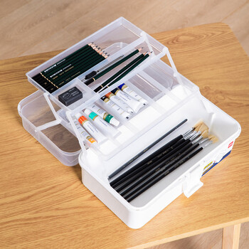 得力（deli）中号多功能便携学生美术工具箱学生画笔水彩颜料收纳箱绘画画手提箱68302