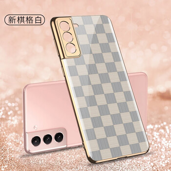 sksk三星s21手机壳轻奢电镀玻璃保护套全包男网红女款防摔硬壳棋格白