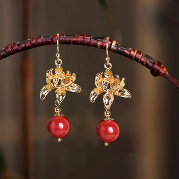 adrius红色女士朱砂耳环银耳饰小众设计感耳坠民族风复古气质耳钩款