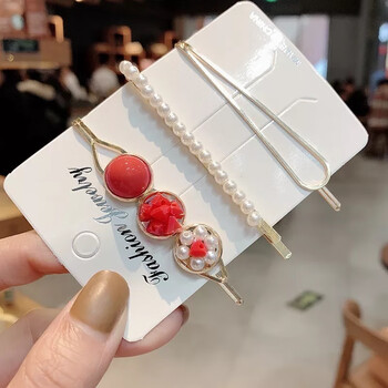 柏依诗韩版一字夹套装珍珠碎石发夹气质边夹甜美少女心头饰发饰女红色