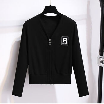 wassupbeach螺纹棉上衣女秋季新款年新款韩版开衫薄t恤百搭外套黑色