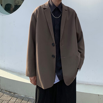 韩版痞雅春秋西装男感痞帅外套秋季oversize高街休闲ins轻奢西服 棕色