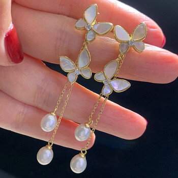 bomp施华洛世奇淡水珍珠耳环仙美贝壳蝴蝶长款水滴珍珠耳坠18k包镀