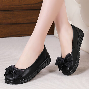咚憬春夏季中老年女士平底妈妈鞋软皮软底浅口休闲蝴蝶结皮鞋 黑色 39