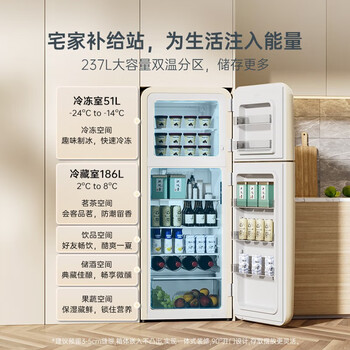 HCK哈士奇双门复古冰箱小香风Pro超薄变频超大容量家用风冷无霜237升圆弧网红冰箱BCD-253RS 奶茶色