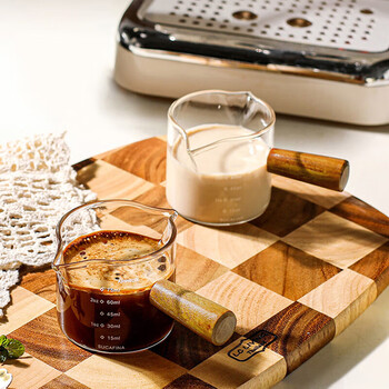 品喻（PINYU）咖啡量杯玻璃带双刻度意式浓缩咖啡萃取杯双导流口木柄小奶盅奶杯