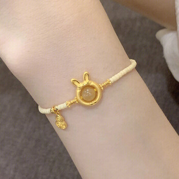 瑞诺黄金平安扣兔子手链女士转运珠新款999足金生肖兔葫芦和田玉手串