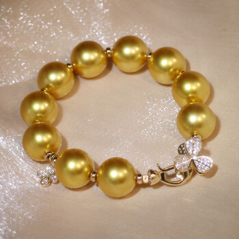 海水浓金色手工珍珠手链澳白大颗粒正圆珍珠手串 金珍珠三叶草手链 12