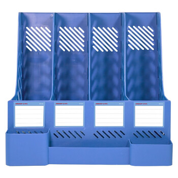 金得利四联带笔筒收纳桌面文件框多功能镂空文件架加厚升级四栏带标签稳固文件栏资料筐办公用品 蓝色 SN165