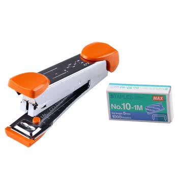 MAX美克司HD-10K迷你小型省力订书机套装(订书机+订书钉)带起钉器 学生办公用订书器可订2~20页 橙色