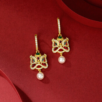 s925银耳环女生肖本命年红玛瑙醒狮耳环中国风原创设计感耳饰潮 金色